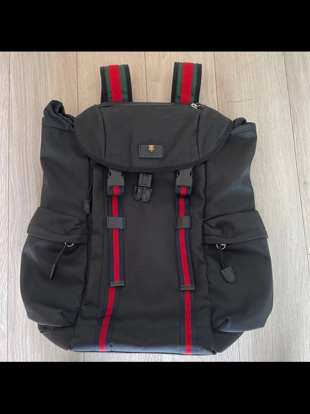 Gucci Black Backpack with Red and Green Stripe Accents